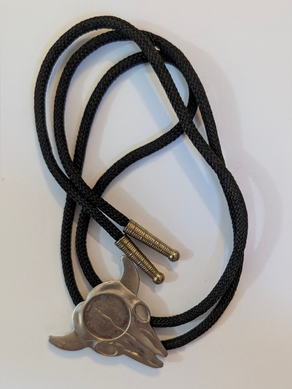 Western Bull Skull Bolo Tie in Black Cord with Silver-Tone Slide